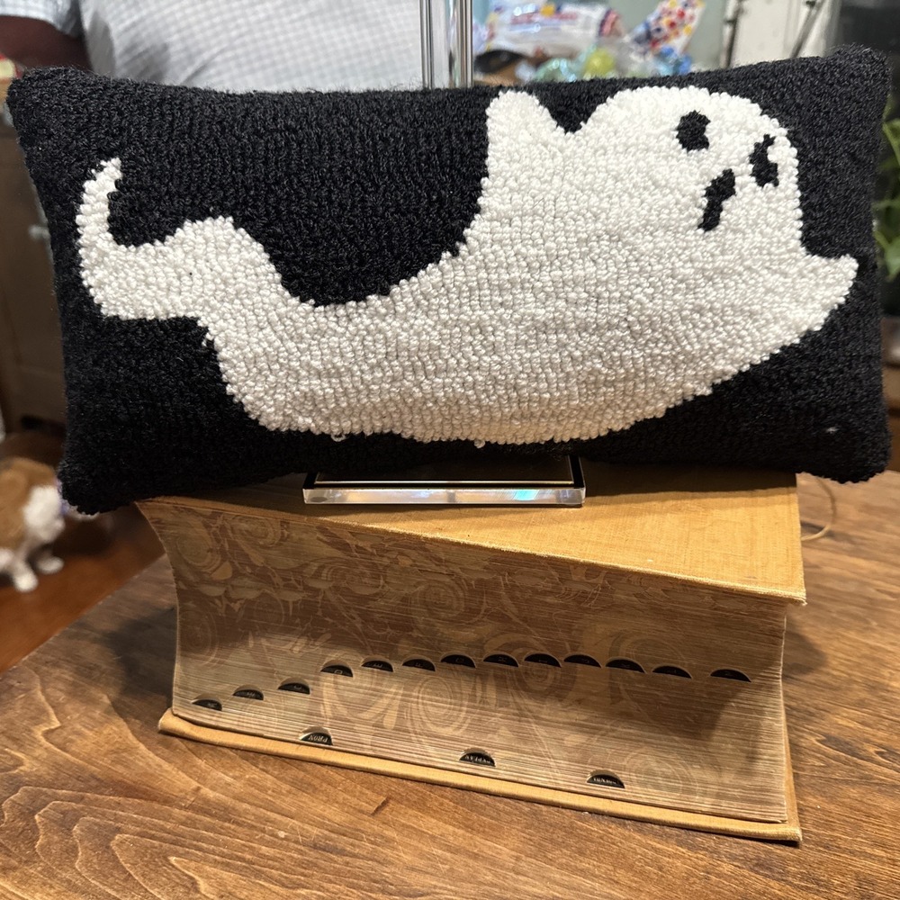 Halloween Lumbar Pillow Black and White Ghost Hook 8"x14x